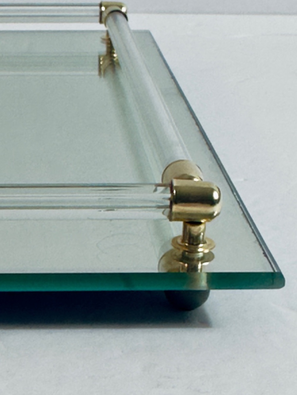 Vintage vanity dresser tray, mirrored base, glass railing, and brass accents. - Picture 2 of 8